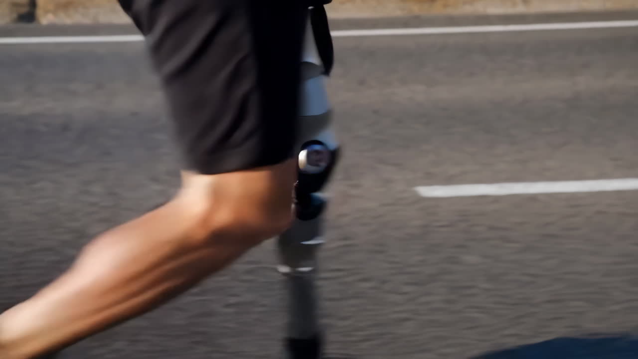 Person with a prosthetic leg walking or running on a paved surface