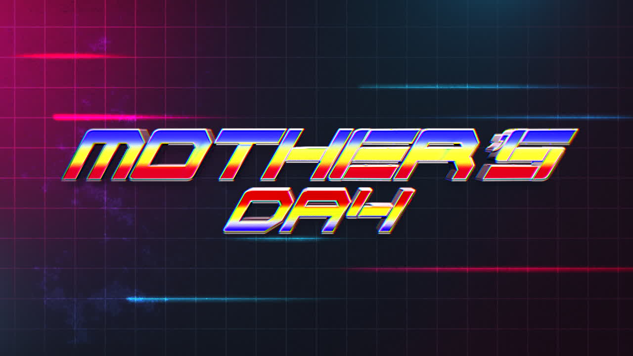 Festa della Mamma con linee al neon su griglia digitale in stile anni '80
