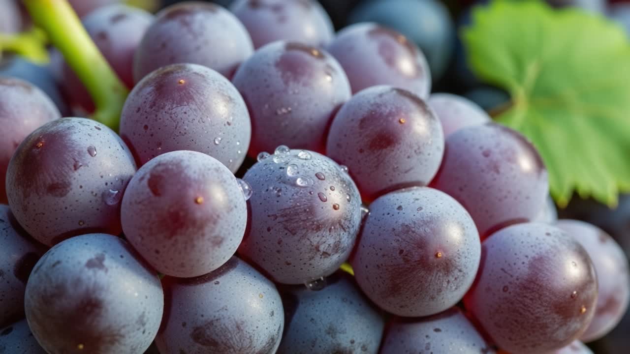 Close-Up Views of Fresh Grapes Showcasing Their Lush Texture, Vibrant Color, and Water Droplets, Highlighting the Freshness of Nature's Sweet Bounty