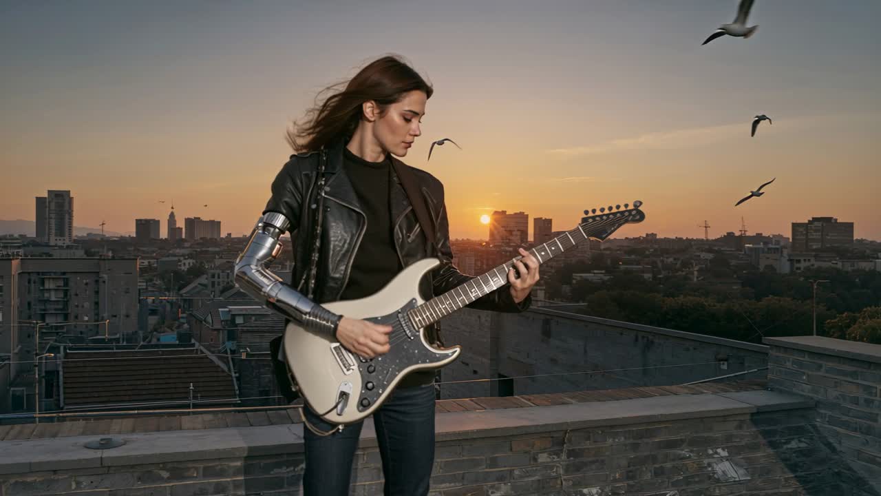 Vertikales Video: Musikerin bewegt Prothesenarm und spielt Gitarre auf dem Dach, während die Sonne untergeht.