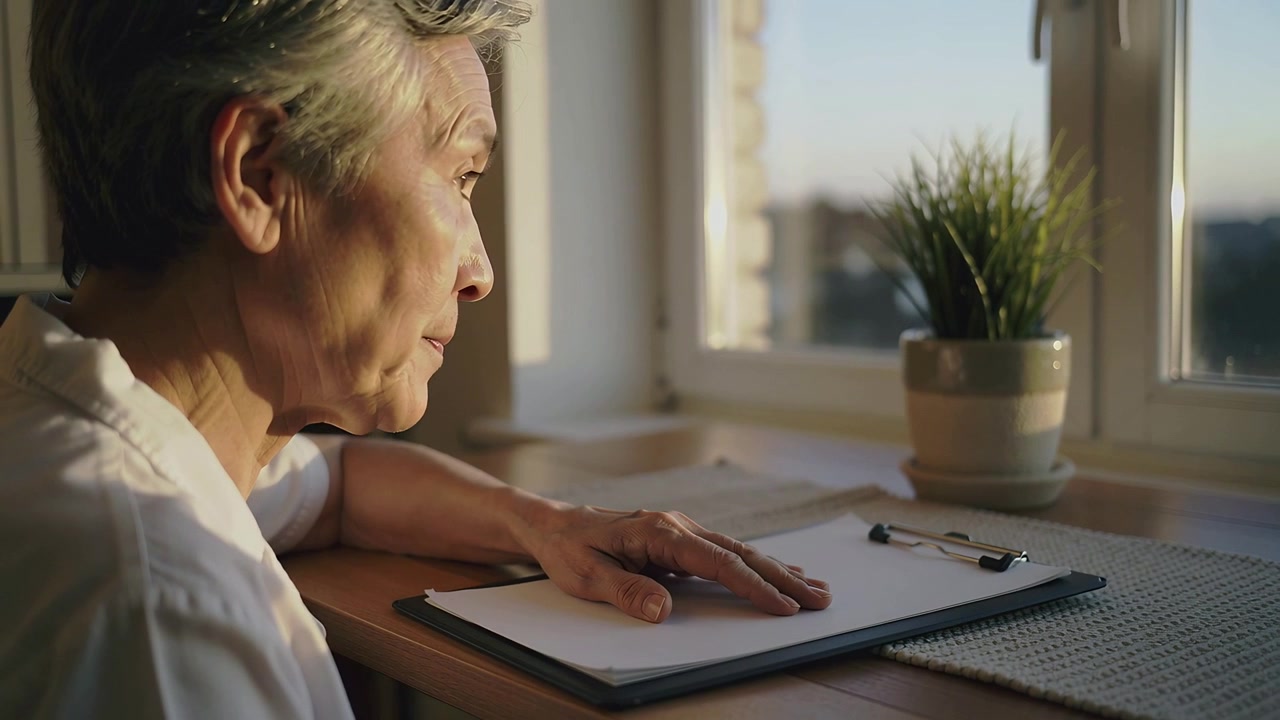 Senior Woman Sitting at Desk Looking Out Window