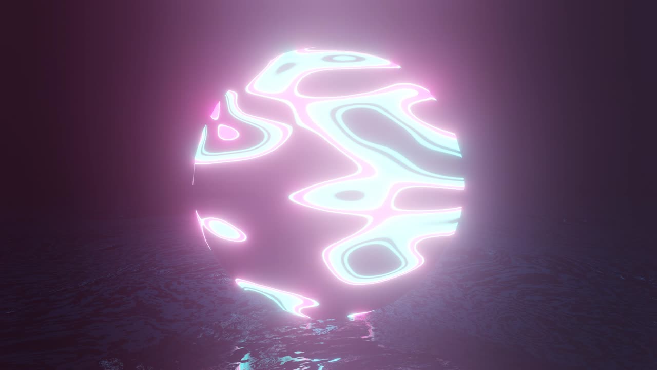 추상적인 네온 빛 구. 나타나고 사라지는 디스코 공. 추상적인 자외선 루프 4k 배경.