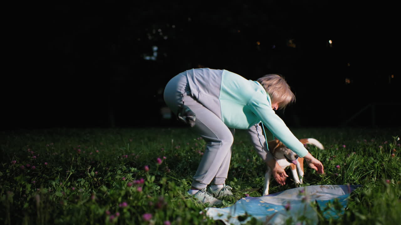 Dog trainer lays blue mat on lush green grass in evening park as curious puppy watches under sunset sky preparing for calm bonding session filled with warmth, love, and attentive companionship
