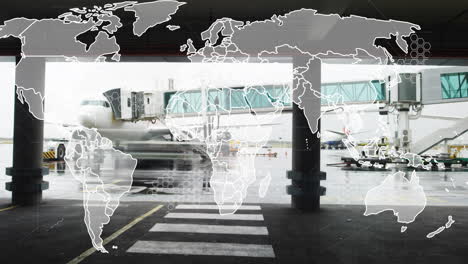 world map animation over busy airport terminal with airplane and boarding bridge