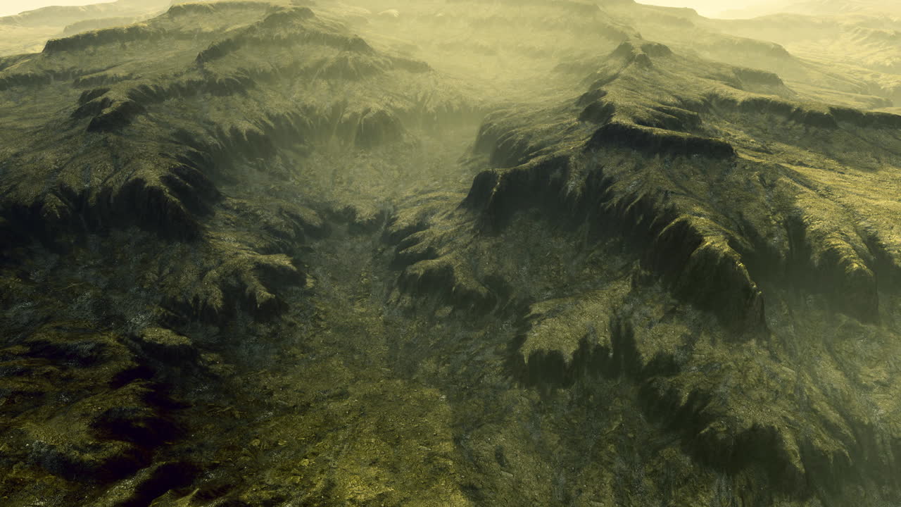 Lush mountainous landscape captured during golden hour with soft sunlight