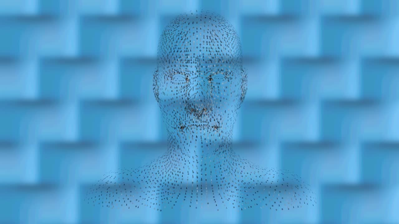 Digital animation of human face model spinning against textured pattern on blue background
