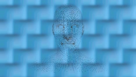 digital animation of human face model spinning against textured pattern on blue background