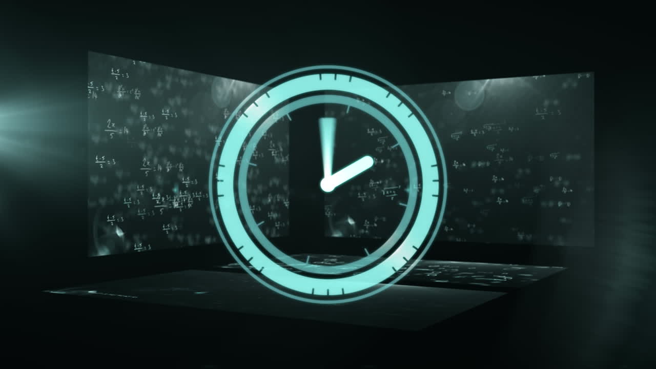 animación de un reloj haciendo tictac sobre ecuaciones matemáticas flotando en tablas sobre fondo negro
