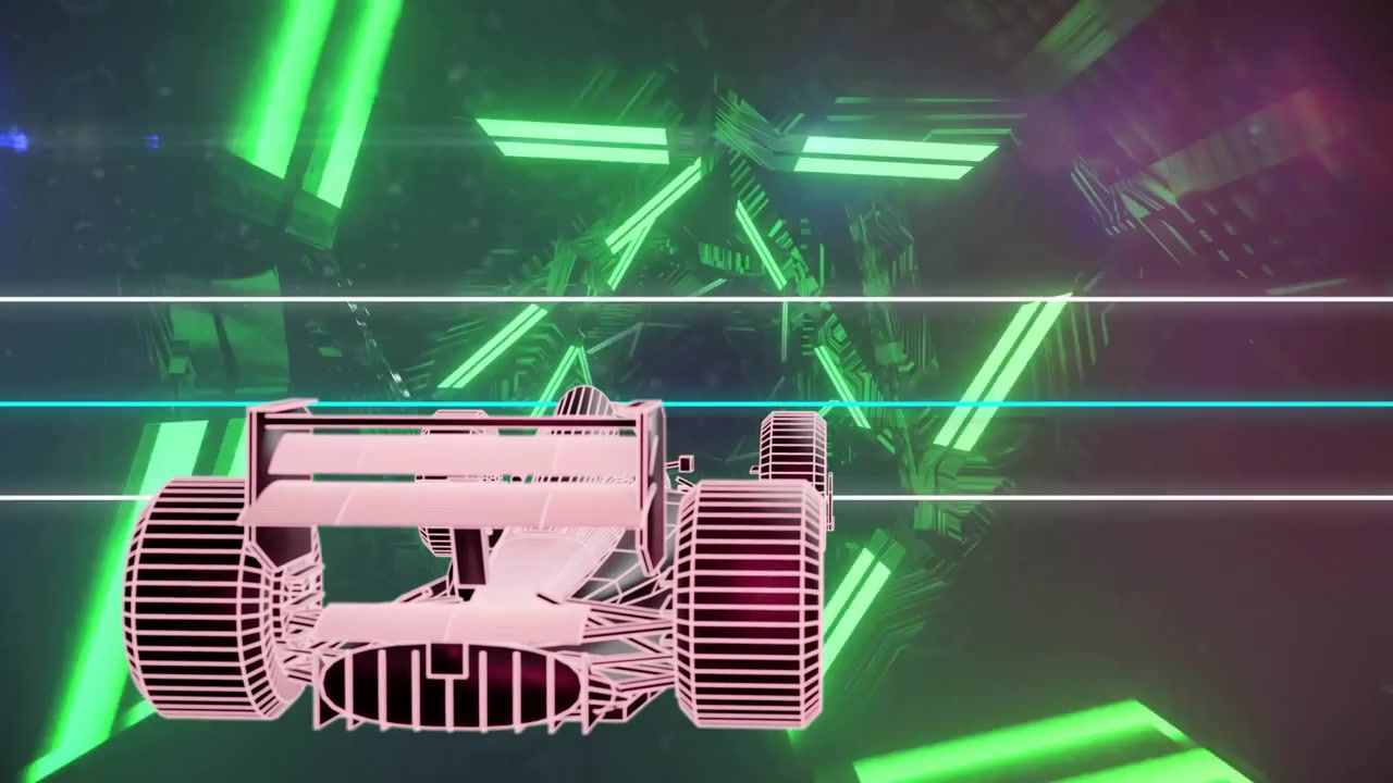 Tunnel rotation starting, scanlines sweeping, pink wireframe racer advancing, showing neon depth