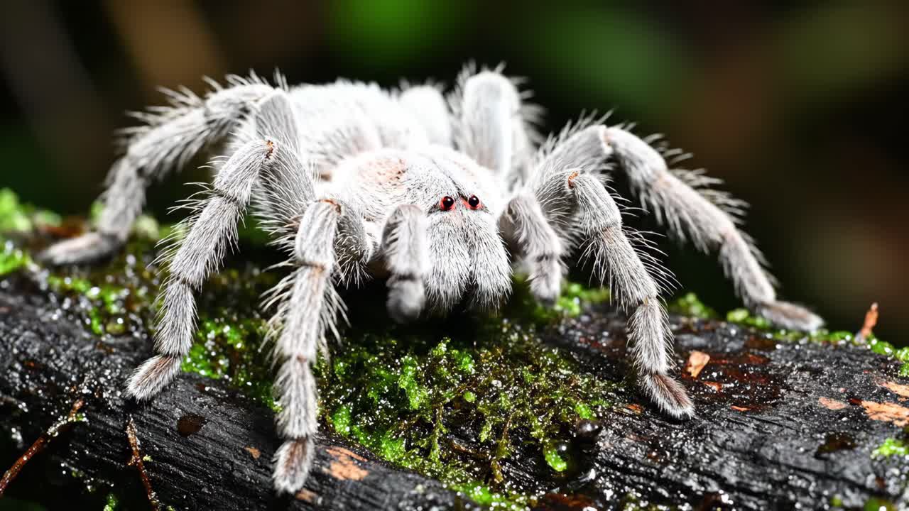 Close-up of a white spider on mossy wood