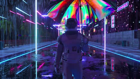 astronauta en una ciudad cyberpunk empapada de lluvia de neón