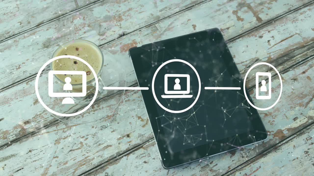 animación de una red de iconos digitales contra una tableta digital y una taza de café en una superficie de madera.