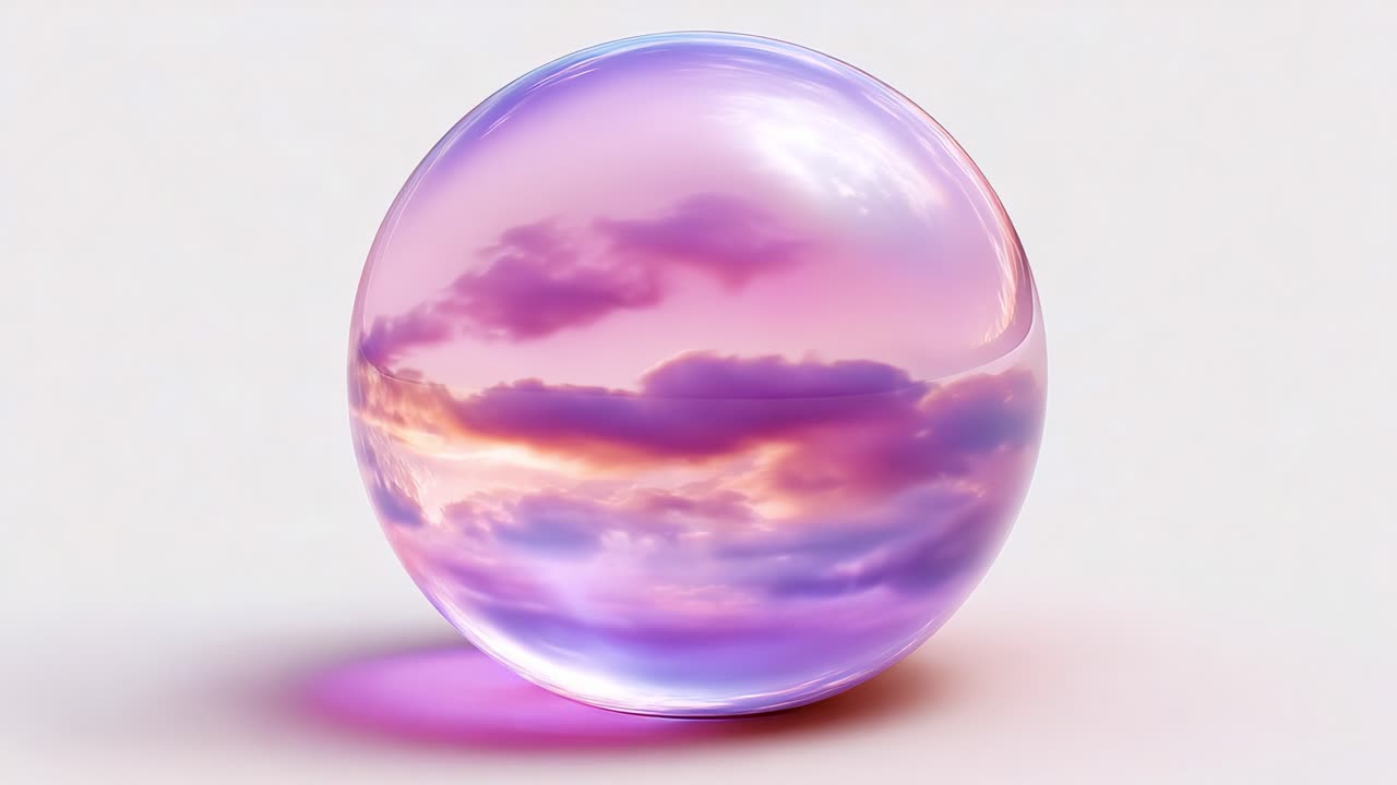 Translucent Sphere Reflecting Pastel Clouds: A Captivating Composition of Nature’s Colors Encased in a Polished Orb, Merging Light and Illusion in a Dreamlike Scene