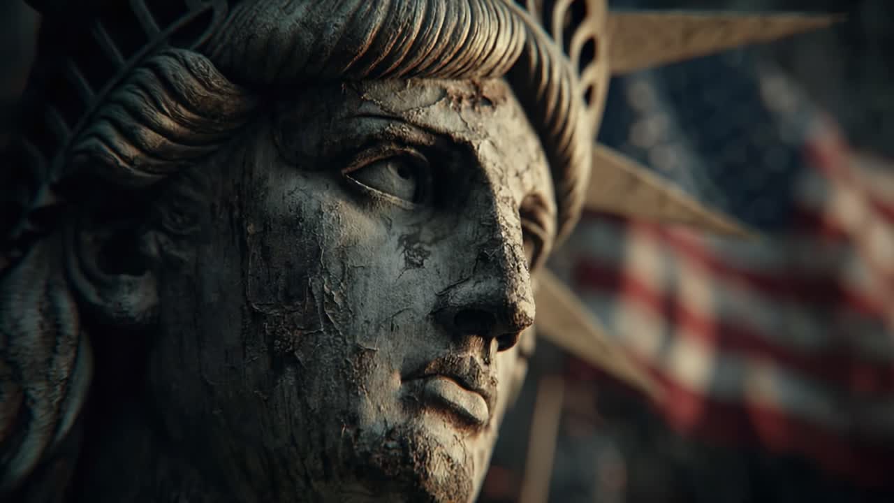 A Close-Up Perspective on the Iconic Statue of Liberty, Revealing Its Textured Face and Historic Significance Against a Backdrop of American Flags