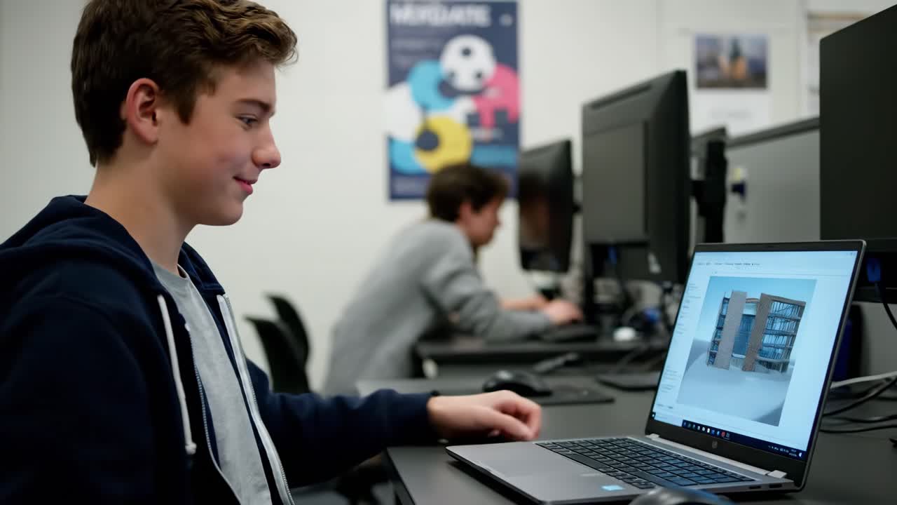 Teenage student working on architectural design on a laptop in a classroom