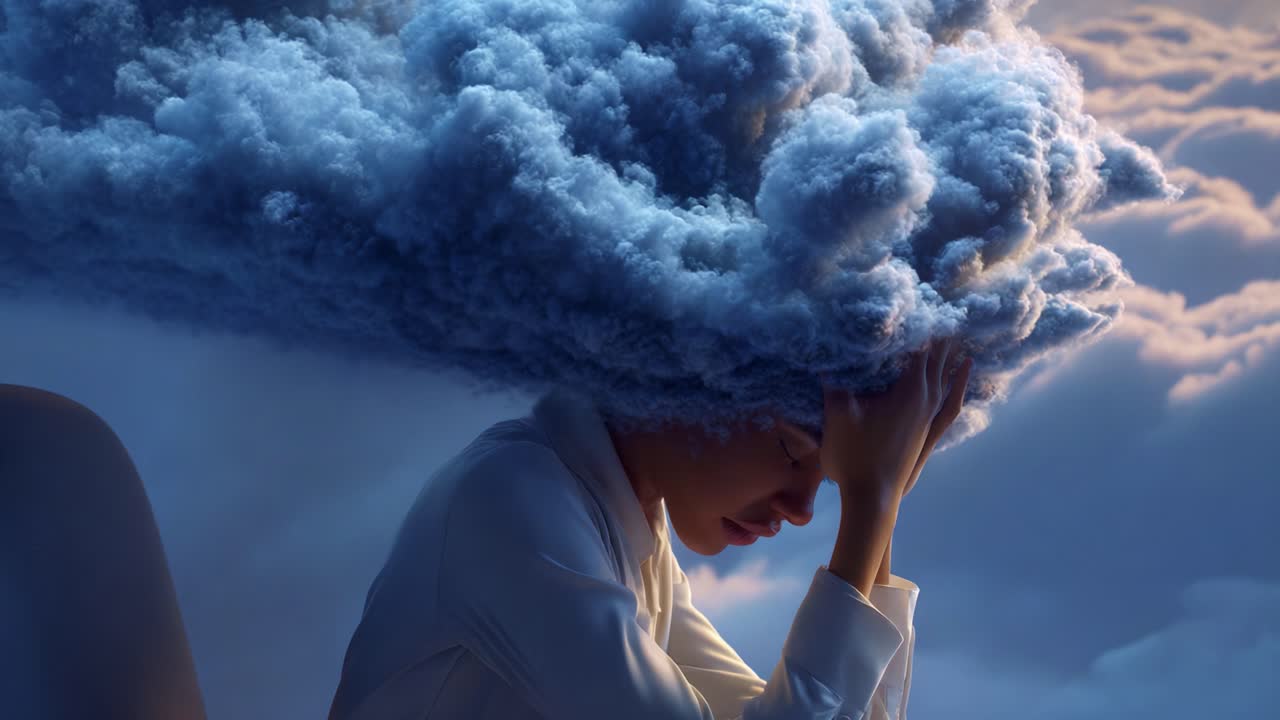 A Woman Battles the Storm Within as Dark Clouds of Emotion Gather Above Her Head, Representing Inner Turmoil and the Struggles of Mental Health and Anxiety