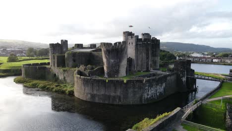 ruins of medieval castle in caerphilly in south wales on summer day