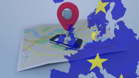 animación de la bandera de la unión europea y el mapa de europa a través del pin de ubicación y el teléfono inteligente