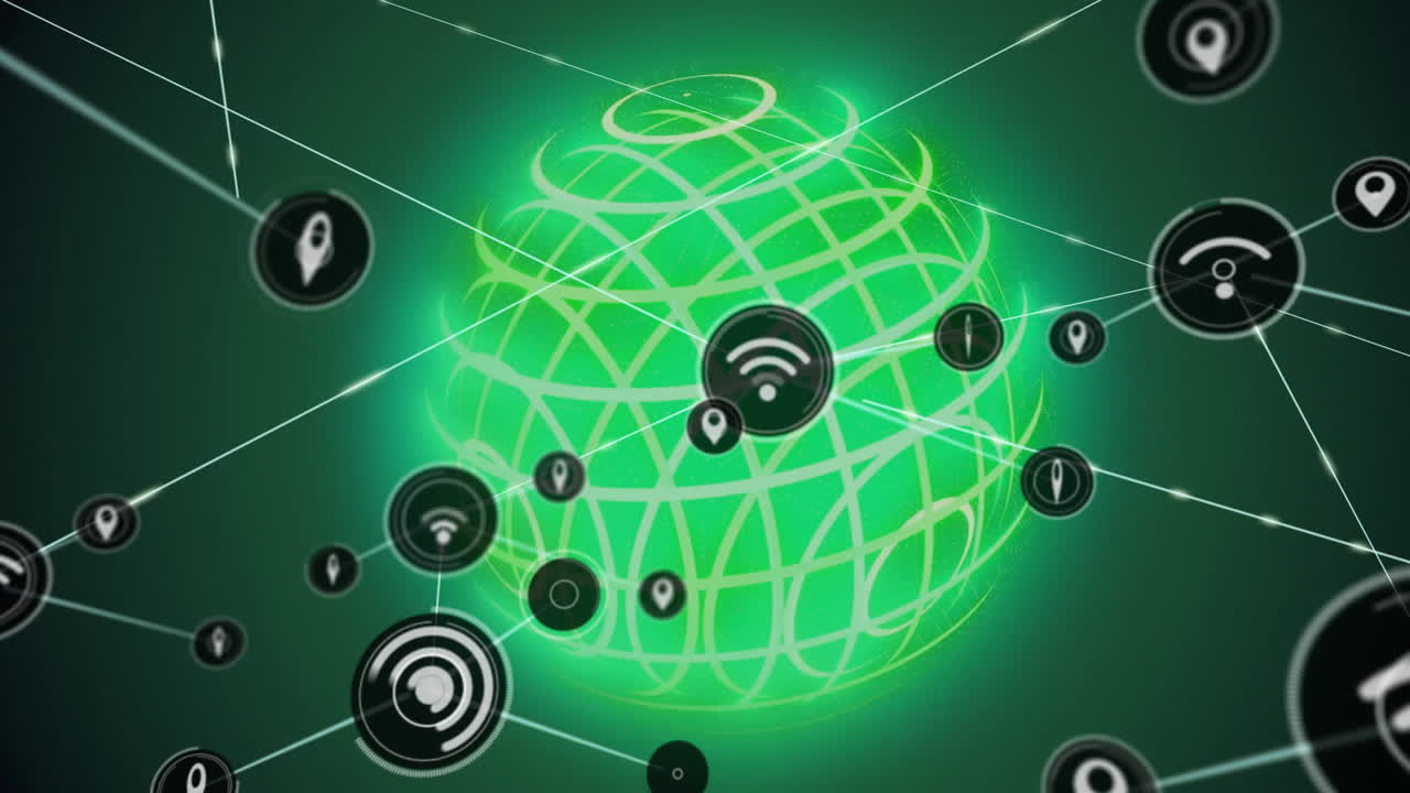 Animation of glowing green globe with network icons, digital connectivity theme