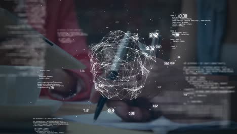 animation of data processing globe of connections over person using digital tablet