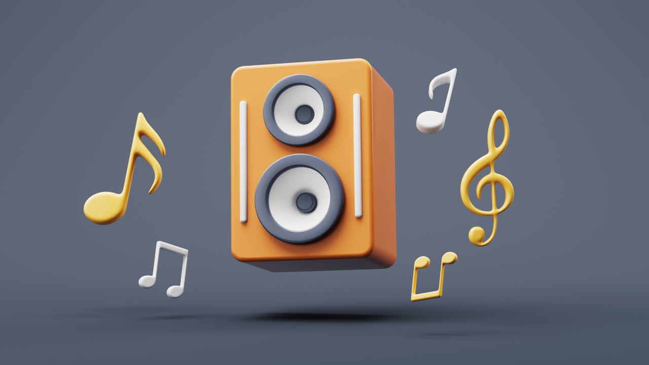 Animazione in loop di strumenti musicali in stile cartone animato, rendering 3D