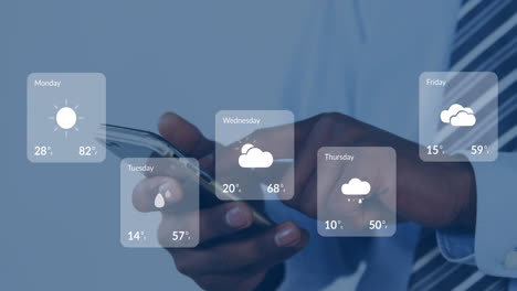 animation of weather forecast overhands of african american man using smartphone