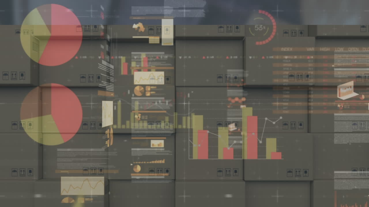 animación del procesamiento de estadísticas sobre una pila de cajas de cartón en el fondo