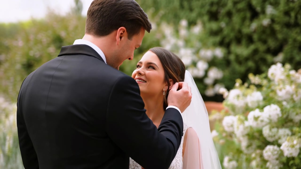 Novios en el jardín compartiendo una mirada tierna, el novio acomodando suavemente el velo junto a una hortensia en flor, la novia sonriendo.
