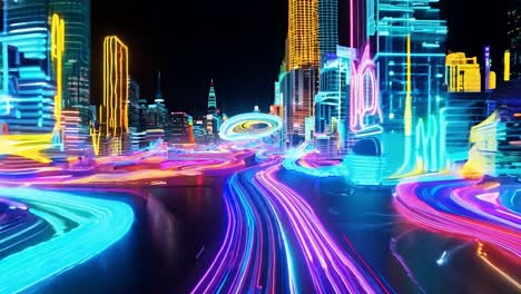 abstract animation showcases colorful neon lights flowing through a vibrant, futuristic cityscape at night