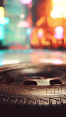 close-up of a tire in a city at night