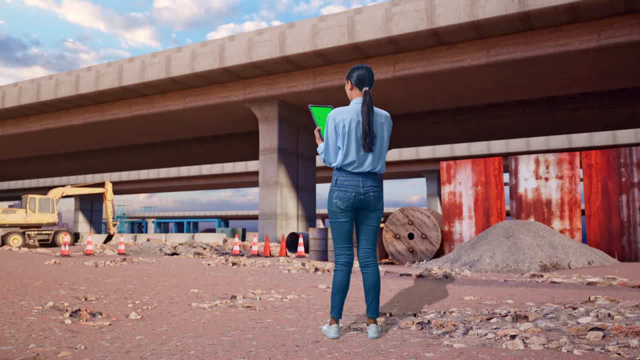 Vista traseira de corpo inteiro de uma mulher asiática com um tablet de tela verde no local de construção de rodovia, instalação industrial