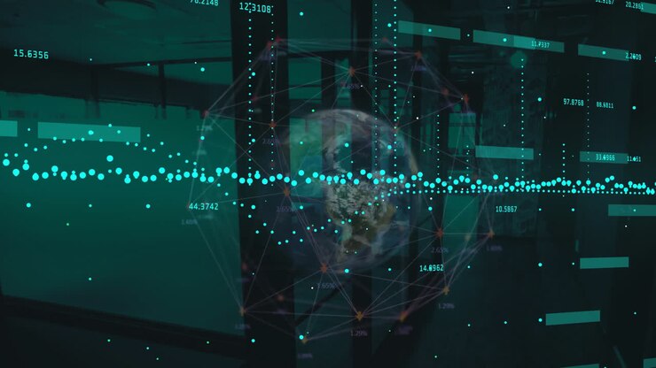 Animation of globe and with networks of connections over cityscape