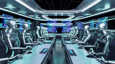 humanoid robots performing data analysis and customer service tasks in advanced futuristic call center, utilizing holographic displays and cutting edge technological systems