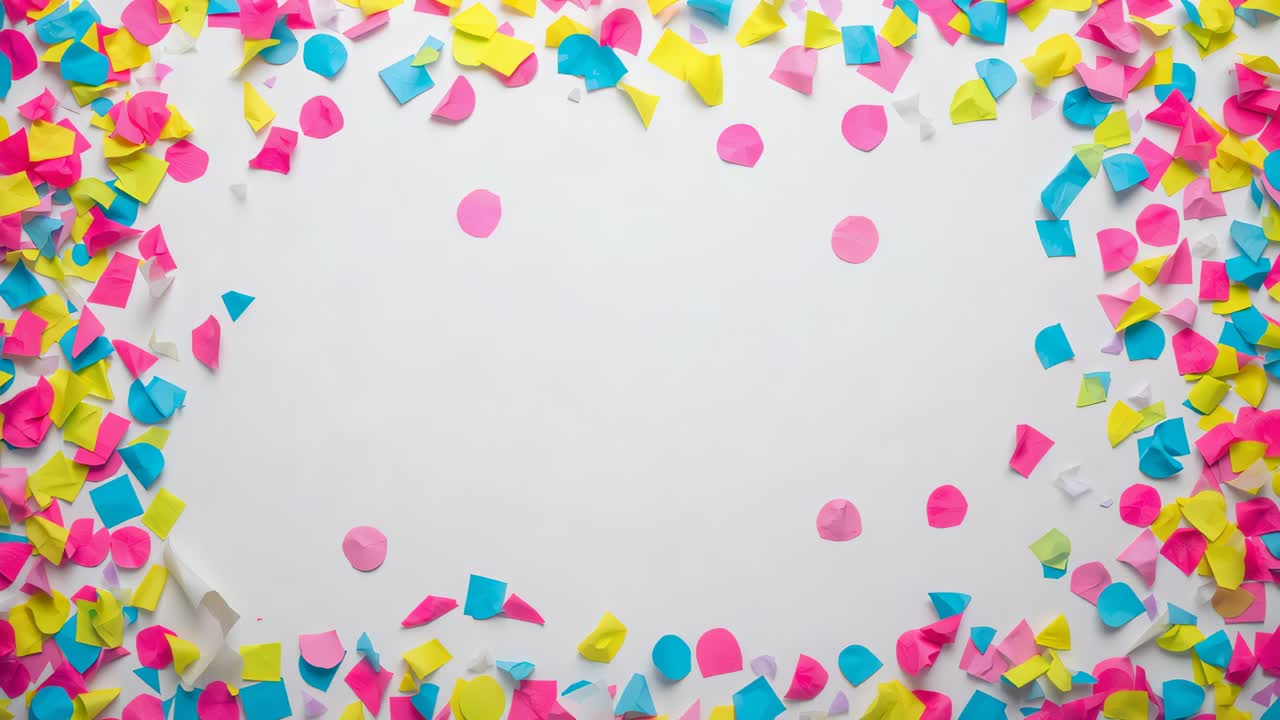 Recording starting confetti border slowly shifting on studio tabletop, pink cyan yellow fragments