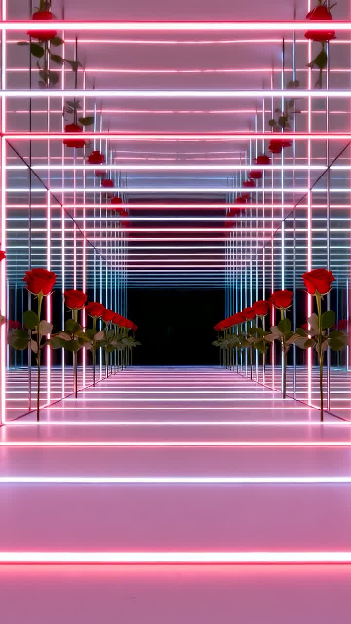 Vídeo vertical: câmera se movendo para revelar um túnel de espelhos iluminado por neon em uma instalação de arte, com rosas vermelhas