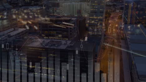 animation of financial data processing over cityscape