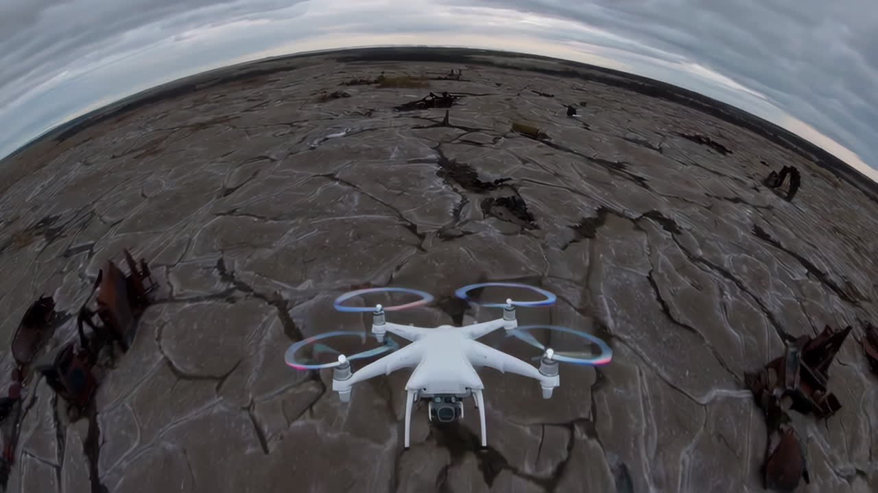 Drone Flies Over Abandoned Industrial Site in Dry Landscape