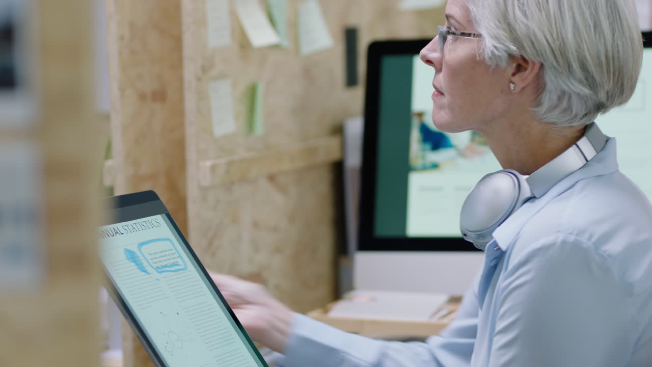 reunión de equipo de negocios lluvia de ideas gerente mujer presentando proyecto de marketing usando computadora tablet compartiendo ideas creativas discutiendo colegas de investigación en un lugar de trabajo de oficina ocupado