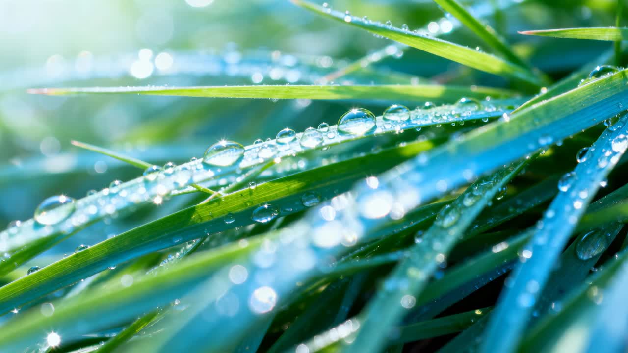 La fotocamera mette a fuoco, rivelando un filo d'erba centrale a terra per affinare le perle di rugiada e il bokeh.