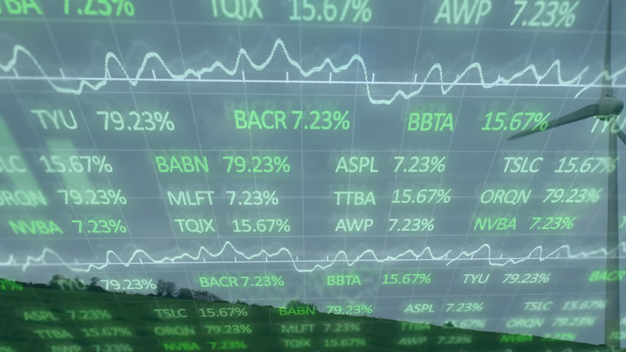 은 하늘을 배경으로 초록색 산에 회전하는 풍차 위의 거래 보드의 애니메이션