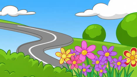 cartoon country road with flowers