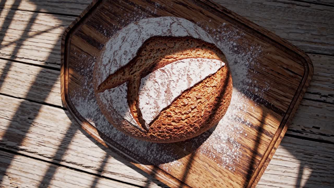 Rustic bread on a wooden board, captured from a top-down angle