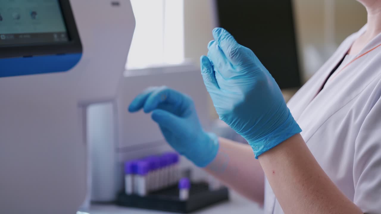 Vial of liquid in laboratory worker's hands. Medical worker mixing blood sample before making experiments on modern device. Close-up.