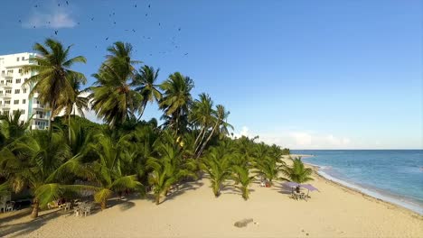 Pedestal-drone-shot-of-the-panoramic-beachfront-of-Miami-located-in-Ithea,-in-Central-Greece,-right-next-to-the-Mediterranean-Sea