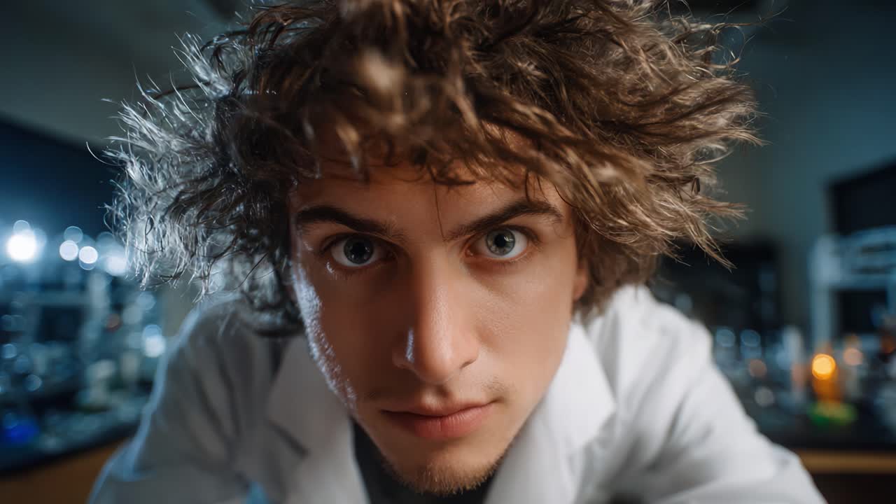A Young Scientist with Wild Hair Focuses Intensely on His Experiment in a Dimly Lit Laboratory, Surrounded by Various Scientific Equipment and Tools