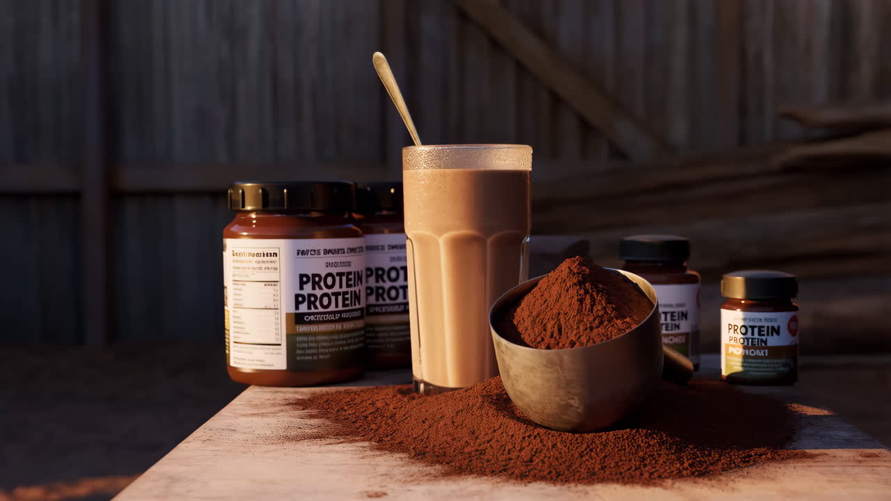 Assortment of protein powder products and a chocolate protein shake