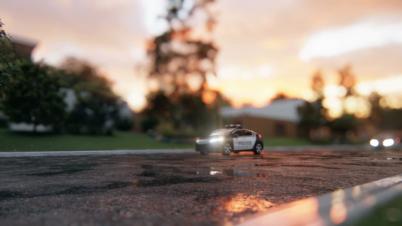 경찰차가 범죄 현장에 서두르고 있습니다. 아침 일찍 은 아스팔트에서 경주하는 경찰차와 함께 현장. loopable 애니메이션은 범죄, 뉴스 또는 경찰 배경을위한 것입니다.