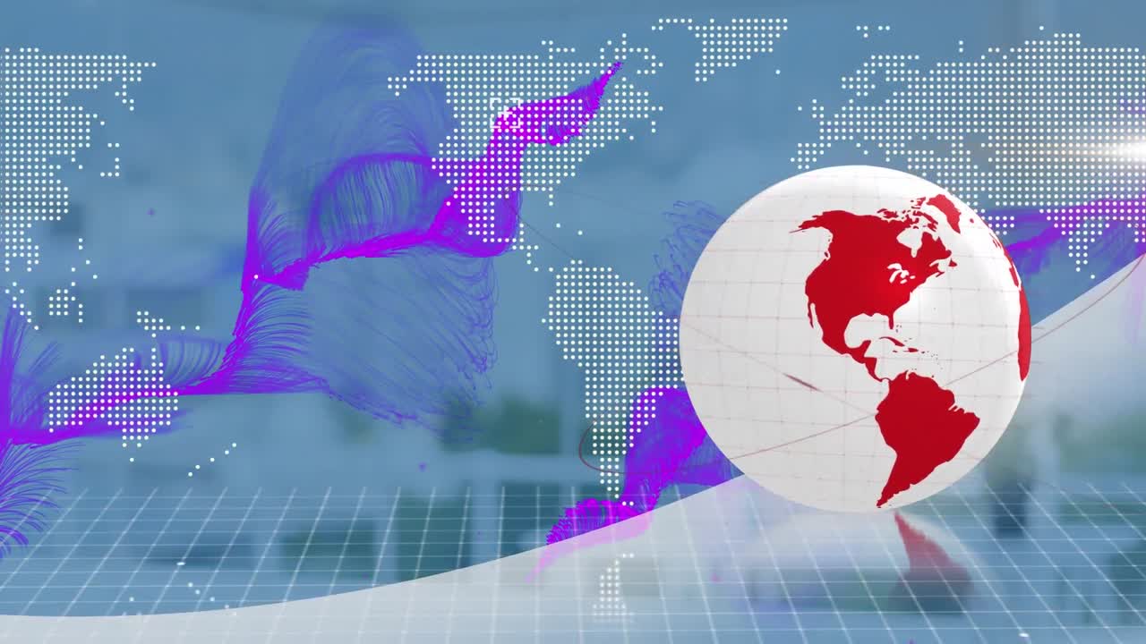 animación de un globo giratorio, un mapa del mundo y una onda digital púrpura contra un fondo azul.