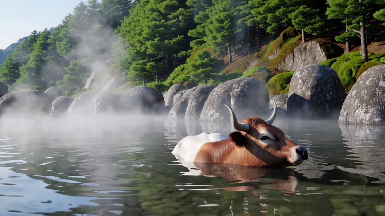 Cow Bathing in a Mountain Hot Spring | Premium Stock Video Footage