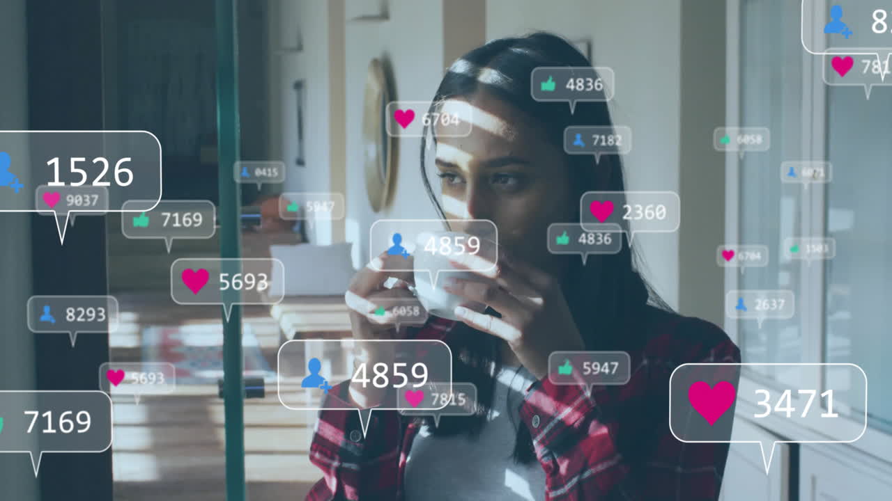 Drinking coffee, woman with animation of social media notifications on screen